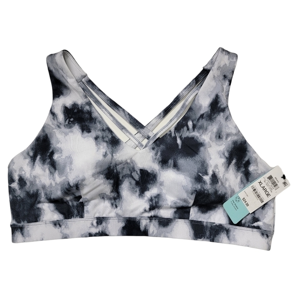 Ideology Black Gray White Tie Dye Strappy Racerback Sports Bra Extra Large XL